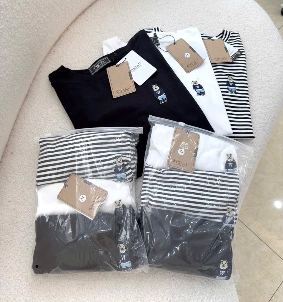 SET 3 ÁO ZIP THÊU GẤU ĐEN TRẮNG KẺ NỮ THU ĐÔNG