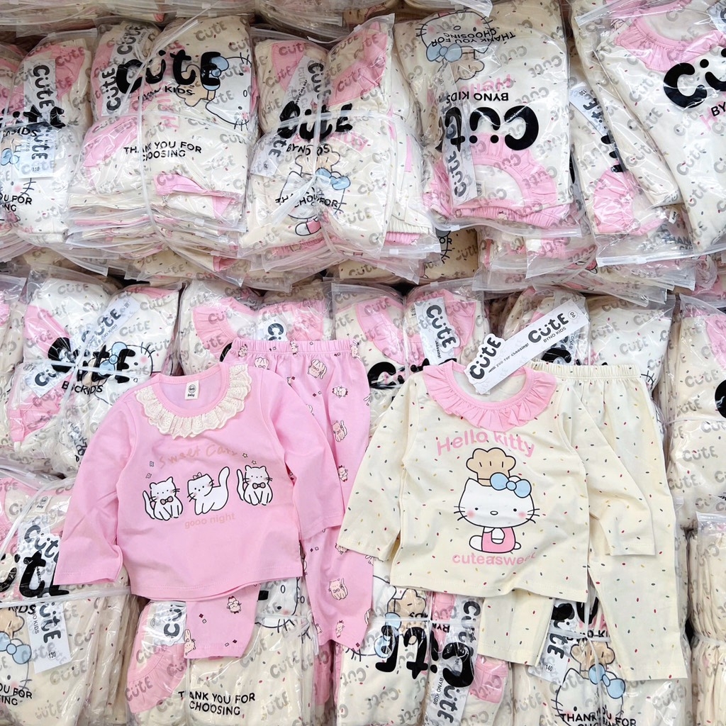 SÉT 2 BỘ COTTON DÀI TAY MÈO KITTY BE HỒNG CHO BÉ GÁI