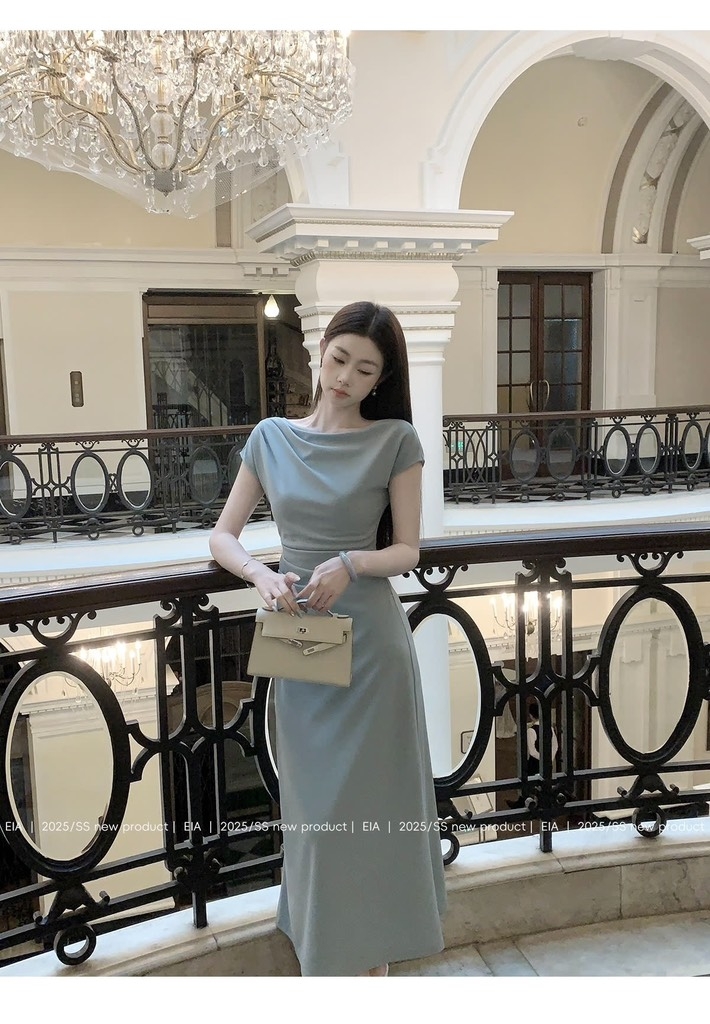 VÁY DÀI LI EO CỔ ĐỔ 2 LỚP NỮ SẴN (SALE 139k)
