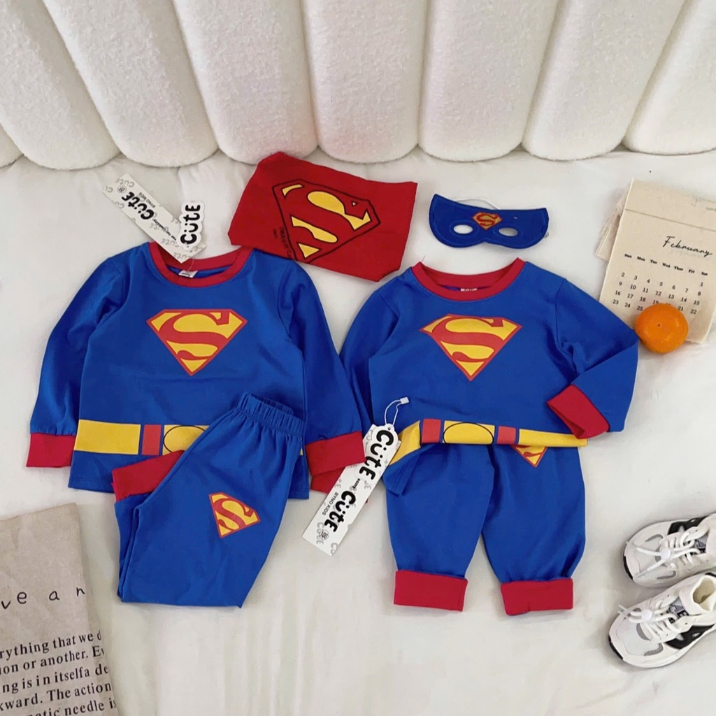 SET BỘ DÀI COTTON SUPER MAN XANH KÈM MẶT NẠ ÁO CHOÀNG BÉ TRAI
