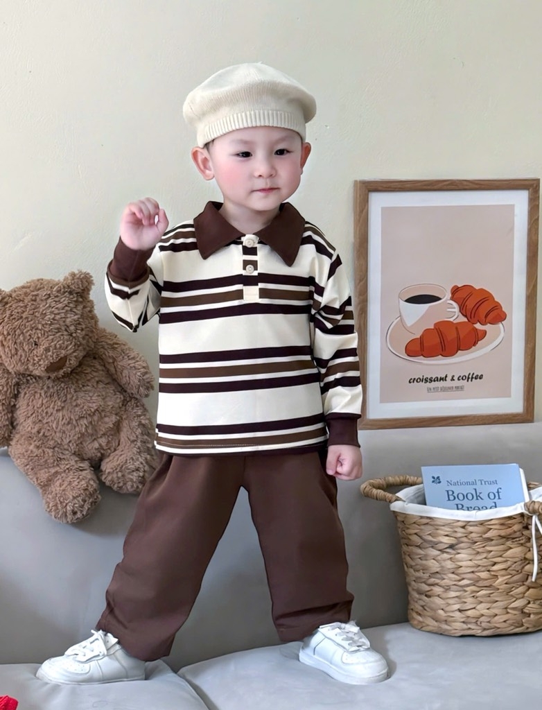 SET BỘ DÀI ÁO POLO KẺ NÂU QUẦN SUÔNG NÂU BÉ TRAI
