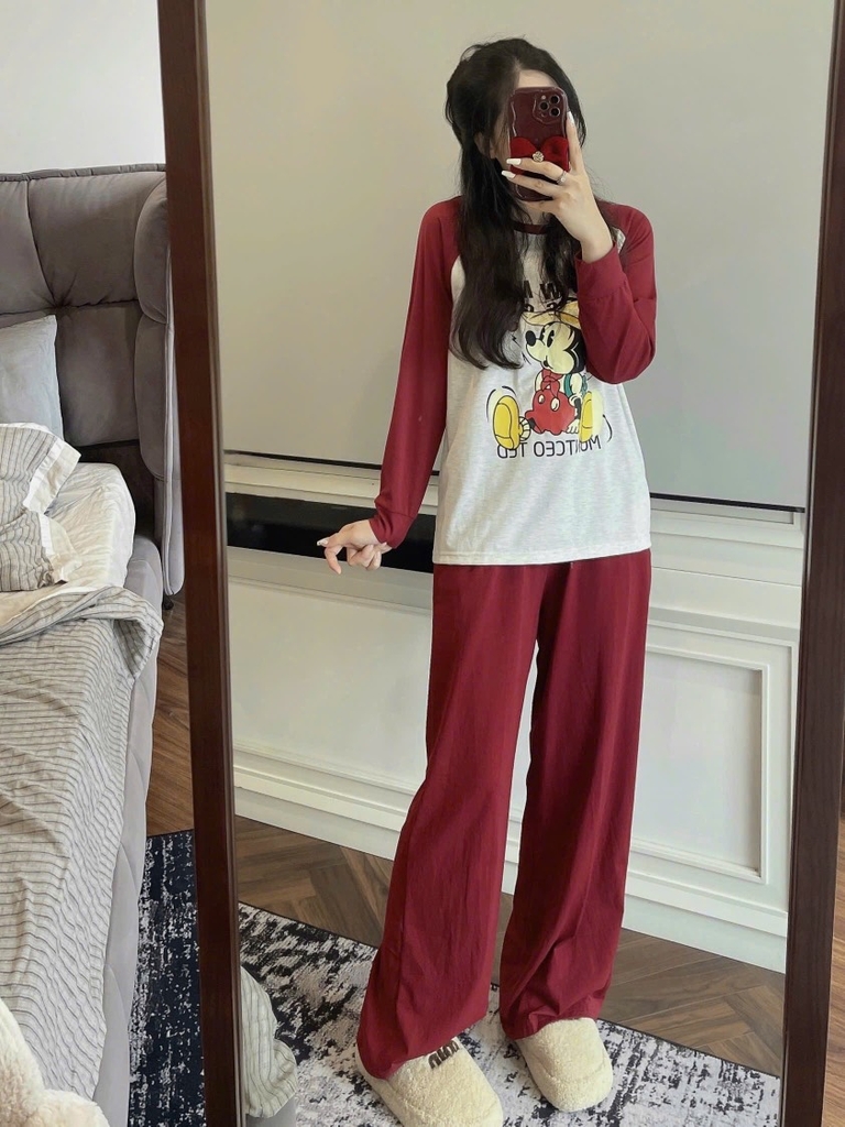 SET BỘ DÀI MẶC NHÀ MICKY PHỐI ĐỎ NỮ THU ĐÔNG SẴN