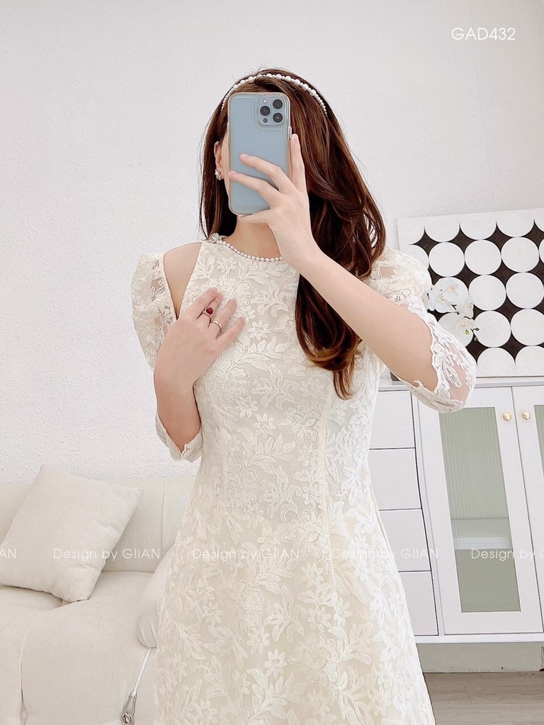 SET ÁO DÀI REN 2 LỚP CỔ NGỌC ĐÍNH VAI ĐÁ(xả 150k)