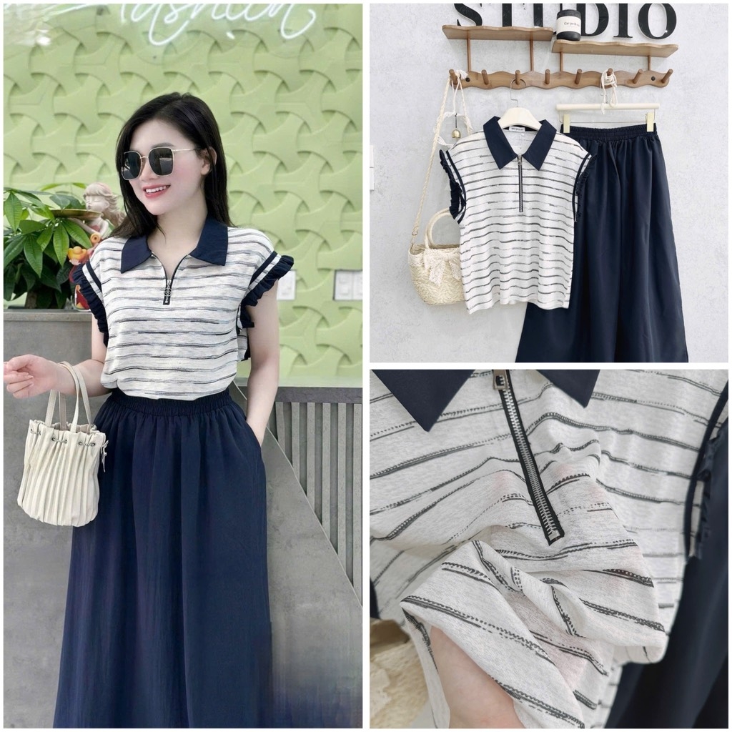 SET ÁO KẺ PHỐI TAT VIỀN MIX CHÂN VÁY NỮ