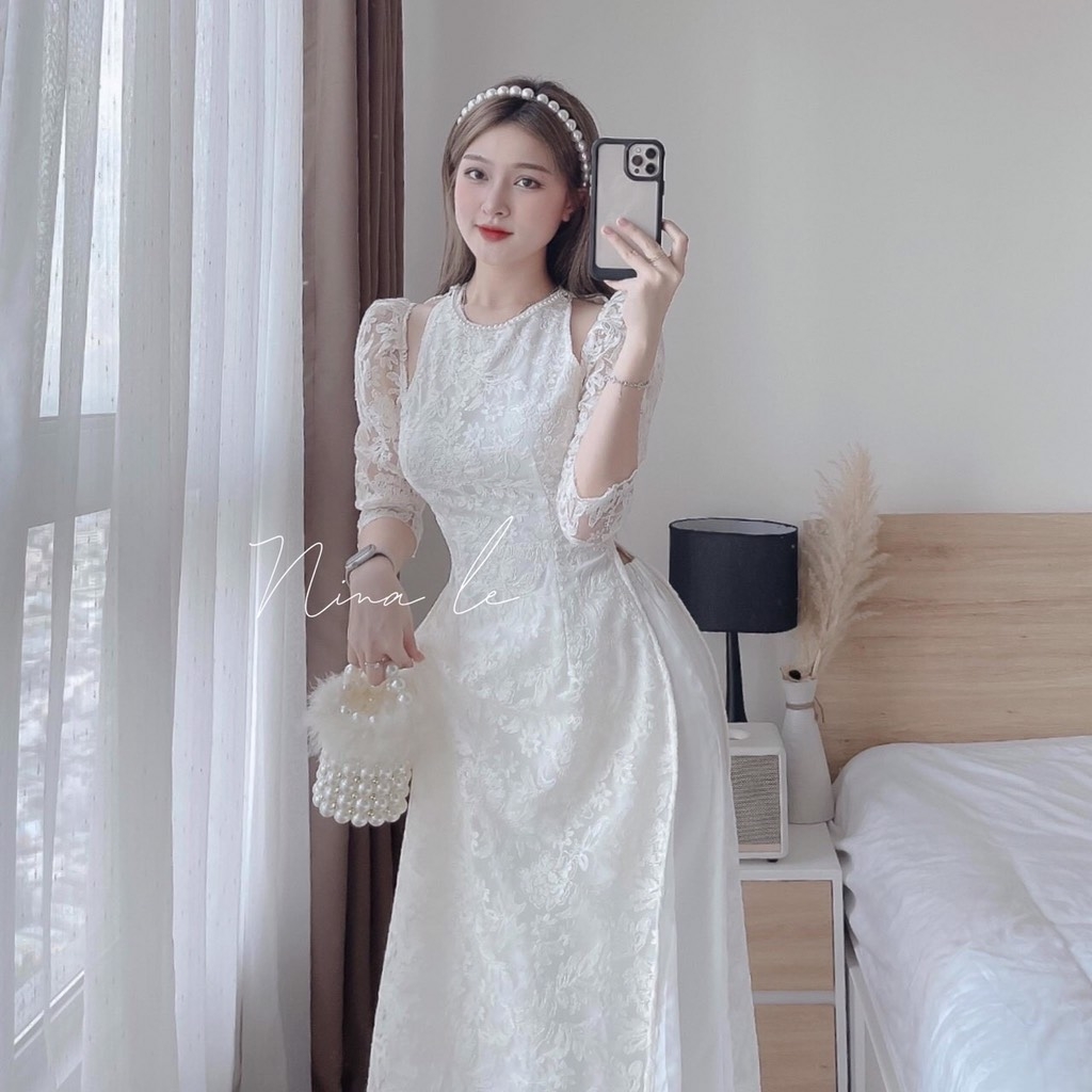 SET ÁO DÀI REN 2 LỚP CỔ NGỌC ĐÍNH VAI ĐÁ(xả 150k)