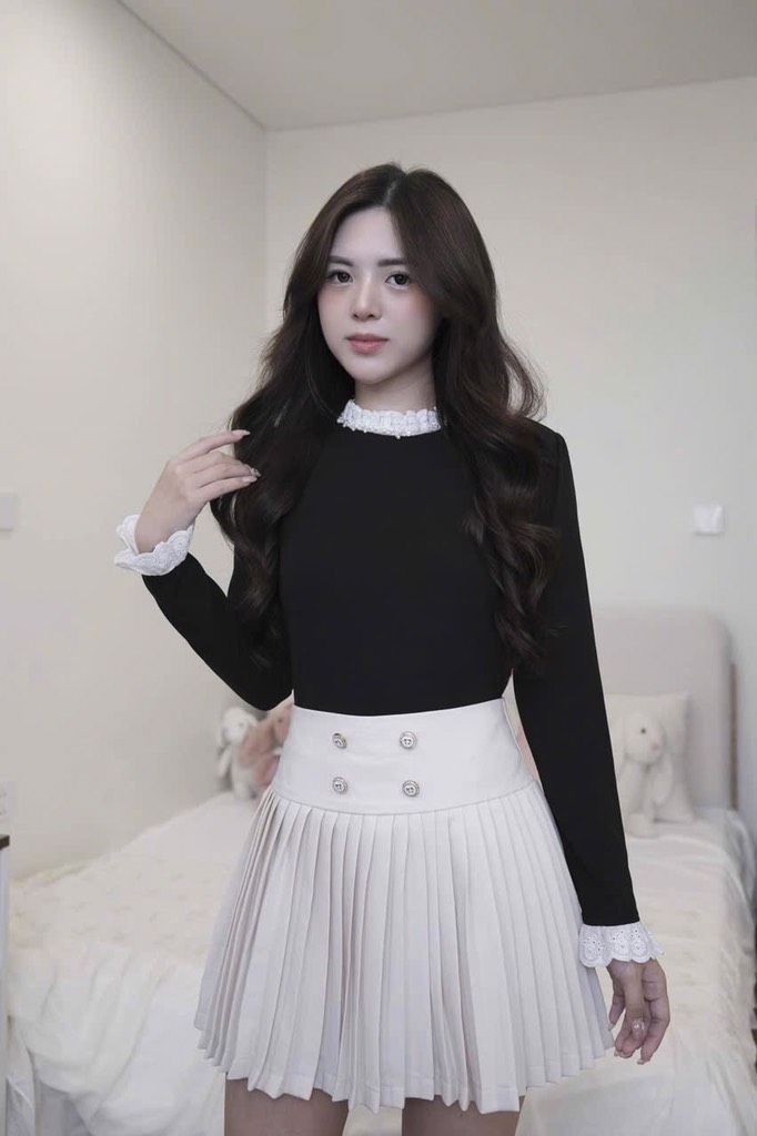 SET ÁO LEN CỔ REN MIXX CV XẾP LI CÚC ĐỒNG NỮ THU ĐÔNG SẴN