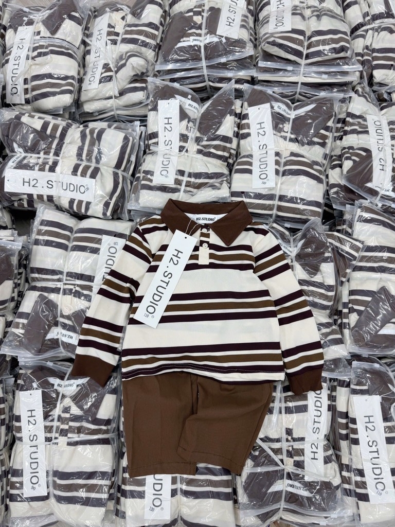 SET BỘ DÀI ÁO POLO KẺ NÂU QUẦN SUÔNG NÂU BÉ TRAI