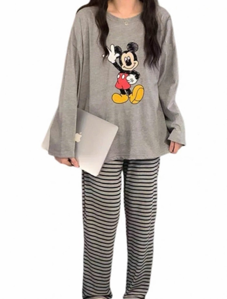BỘ DÀI MICKEY XÁM QUẦN KẺ NỮ THU ĐÔNG SẴN