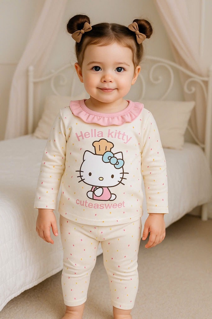SÉT 2 BỘ COTTON DÀI TAY MÈO KITTY BE HỒNG CHO BÉ GÁI
