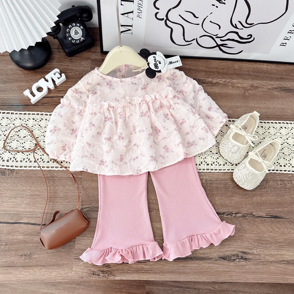 SET BỘ DÀI ÁO HOA XỐP QUẦN DÀI LOE ĐIỆU BÉ GÁI SẴN (xả 45k)