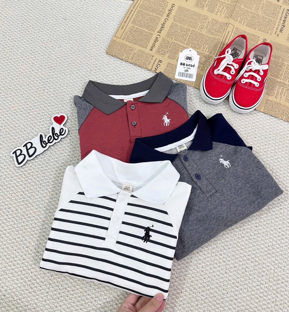 SET 3 ÁO NGỰA DÁNG BOM CỔ TRỤ DÀI TAY BÉ TRAI SẴN