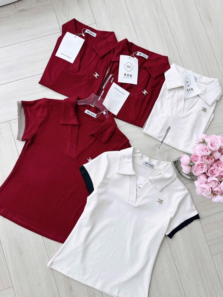 ÁO CỔ V PHỐI TAY ĐÍNH TAG NỮ SẴN