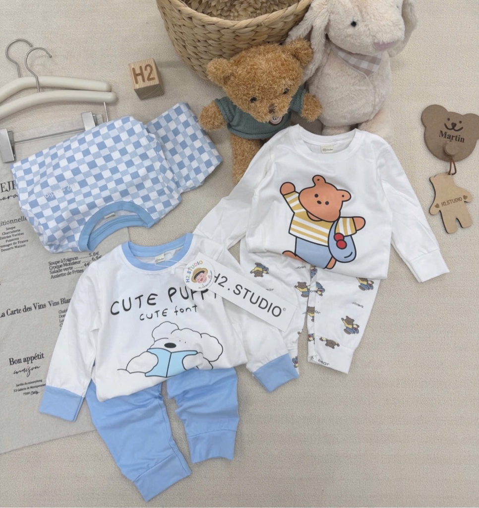 SET 3 BỘ DÀI TAY CUTE PUPPY TONE XANH TRỜI CHO BÉ TRAI