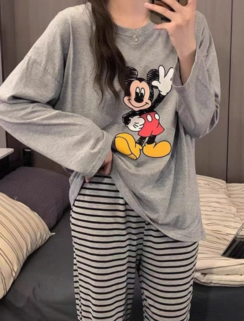BỘ DÀI MICKEY XÁM QUẦN KẺ NỮ THU ĐÔNG SẴN