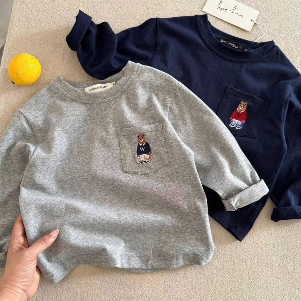 SET 4 ÁO THUN DÀI TAY THÊU GẤU BÉ TRAI