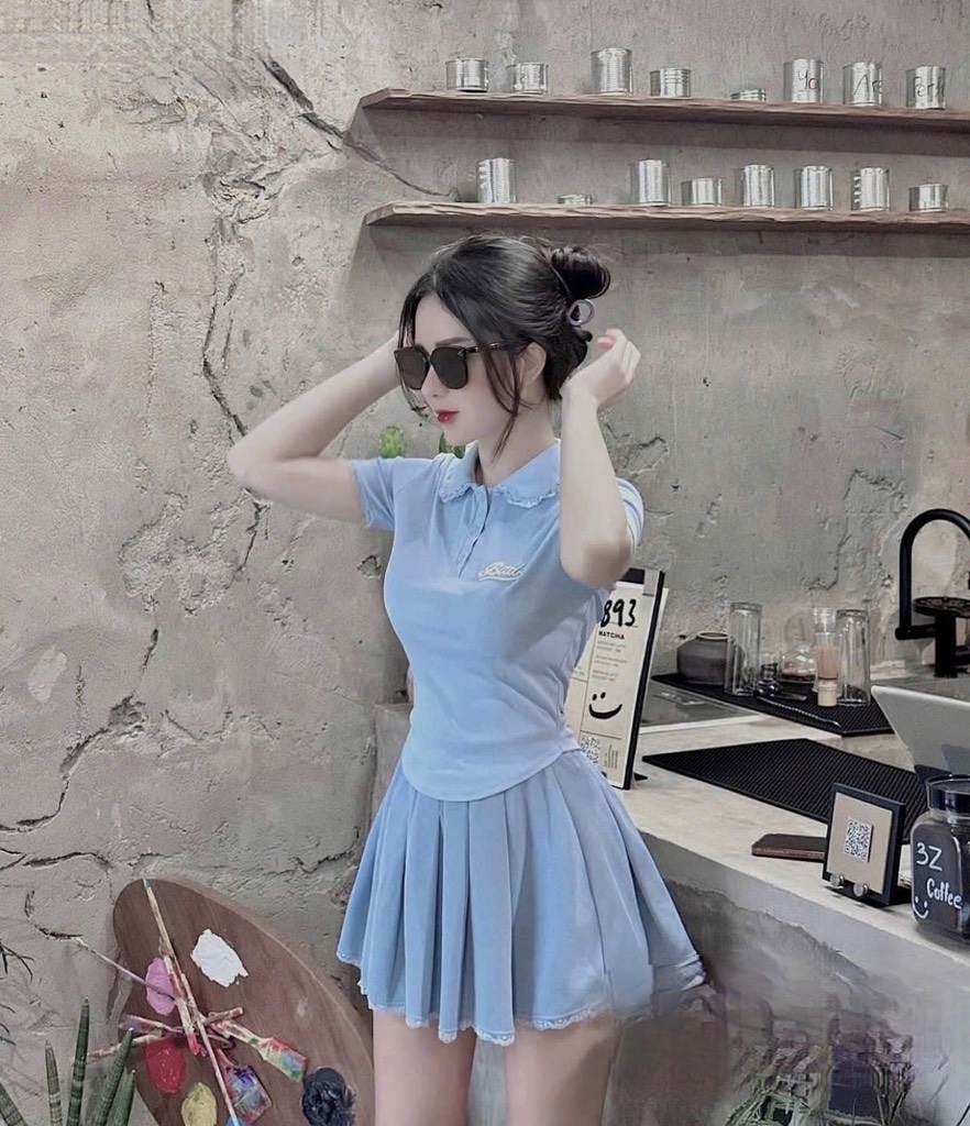 SET ÁO POLO CỔ SEN PHỐI REN XANH NỮ