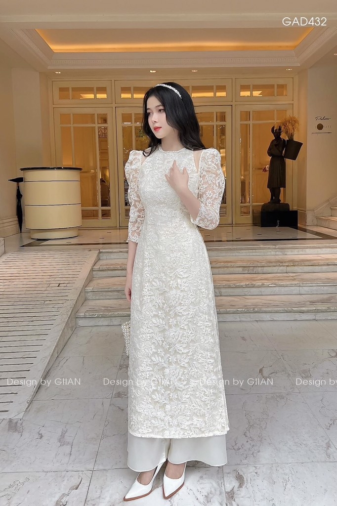 SET ÁO DÀI REN 2 LỚP CỔ NGỌC ĐÍNH VAI ĐÁ(xả 150k)