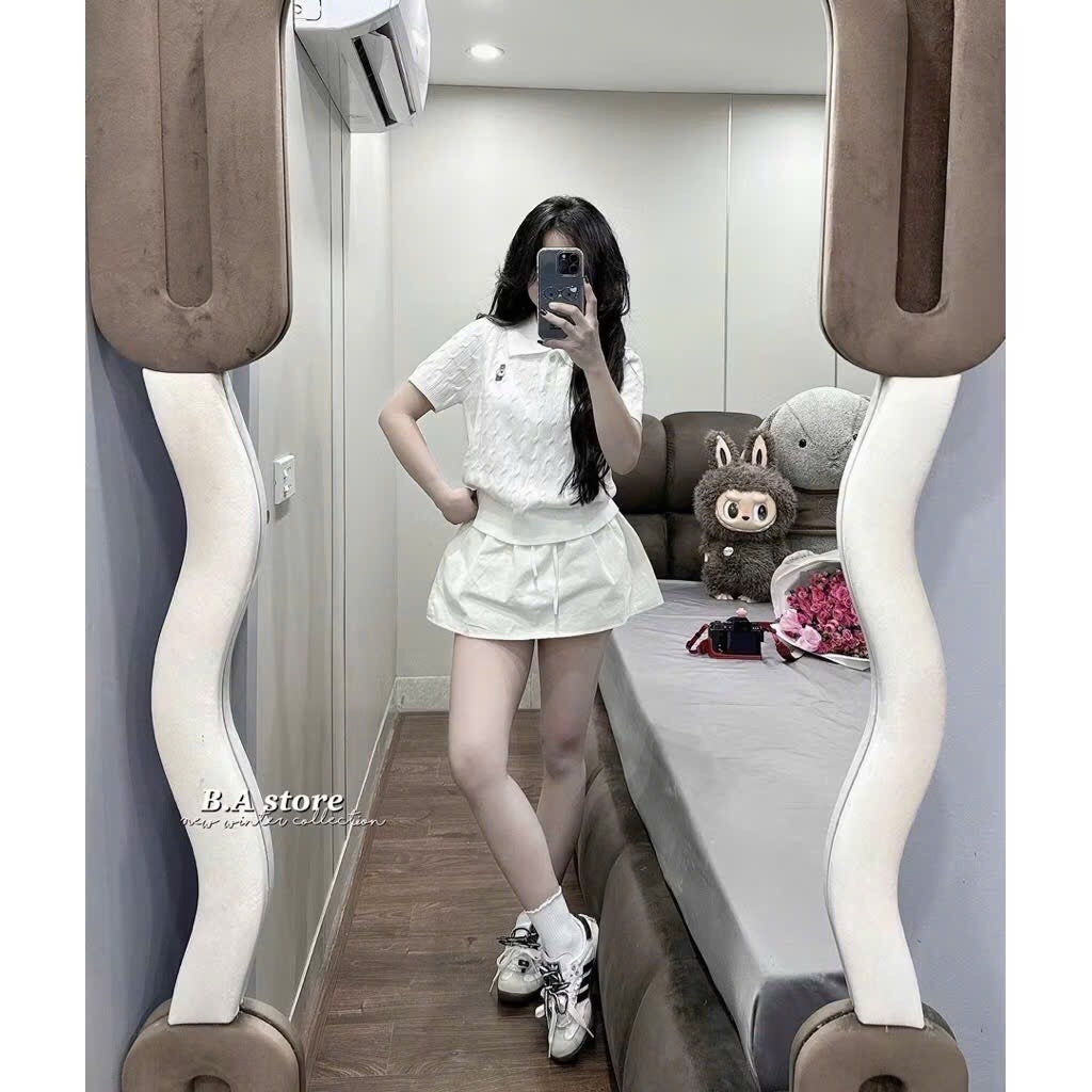 ÁO POLO LEN VẶN THỪNG THÊU GẤU CỘC TAY NỮ THU ĐÔNG SẴN