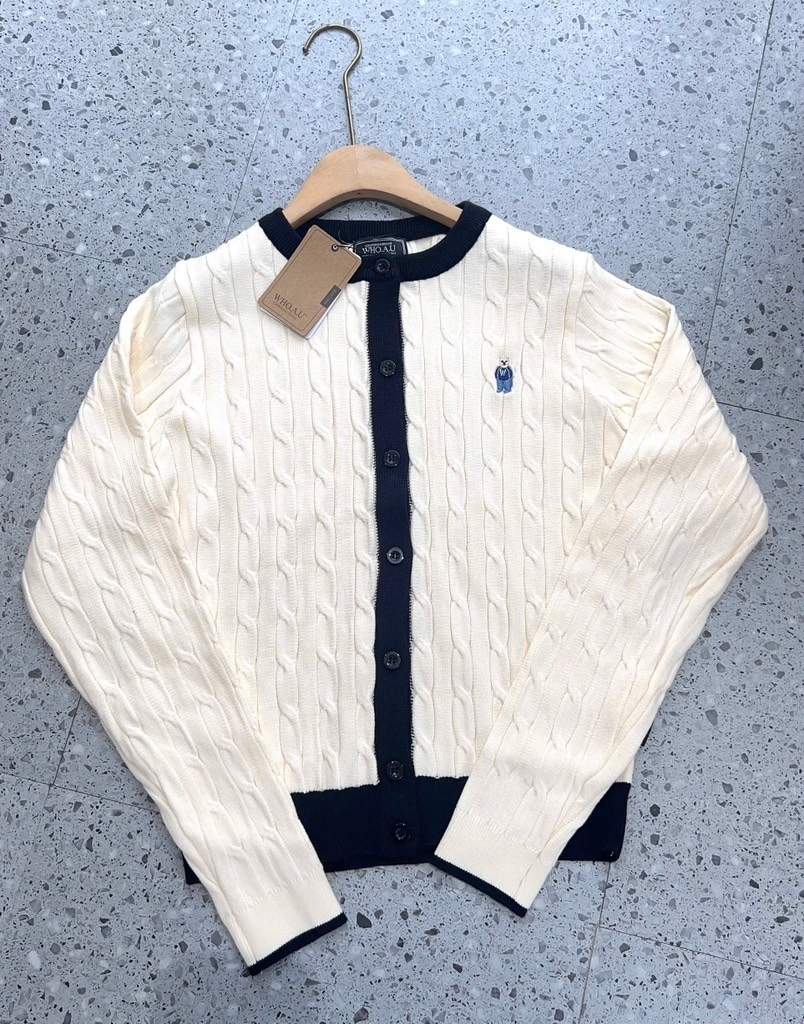 ÁO LEN CARDIGAN GẤU WHO TRẮNG VIỀN ĐEN NỮ THU ĐÔNG