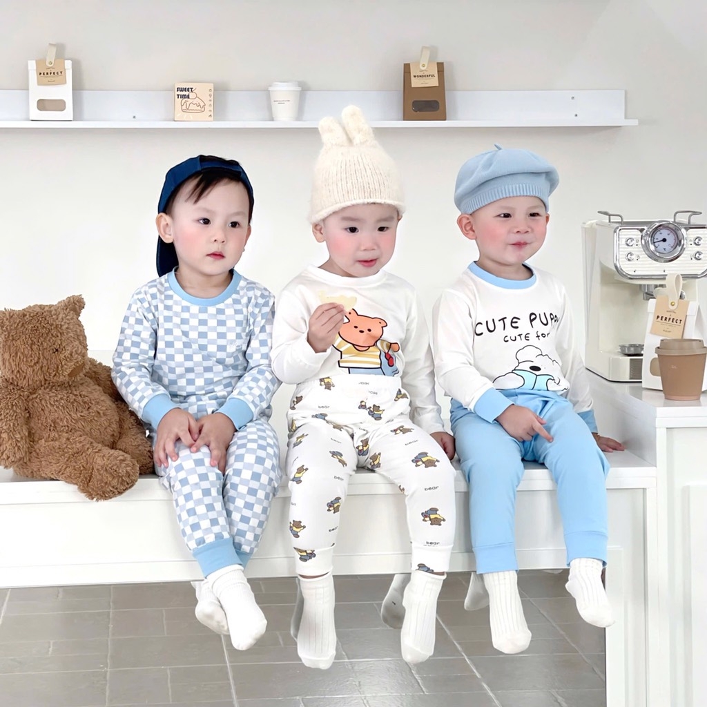 SET 3 BỘ DÀI TAY CUTE PUPPY TONE XANH TRỜI CHO BÉ TRAI