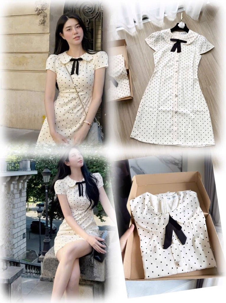 VÁY CHẤM BI CỔ SEN NƠ NỮ(XẢ 119k)