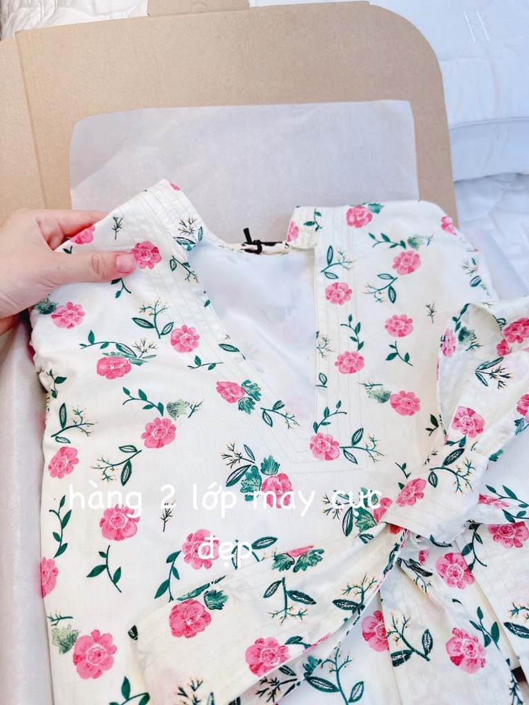 VÁY HOA CỔ V CHẠY DÂY CỔ V 2 LỚP HỒNG NỮ SẴN