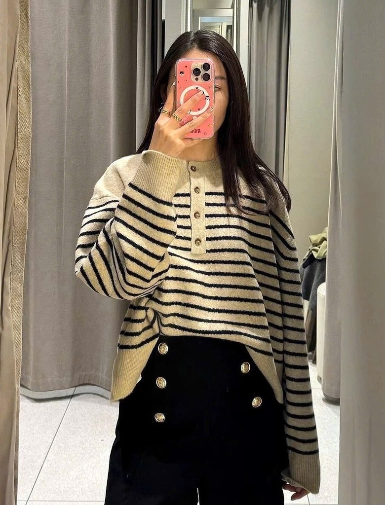 ÁO LEN BE KẺ CỔ TRÒN KHUY NGỰC SIU NHẸ NỮ THU ĐÔNG