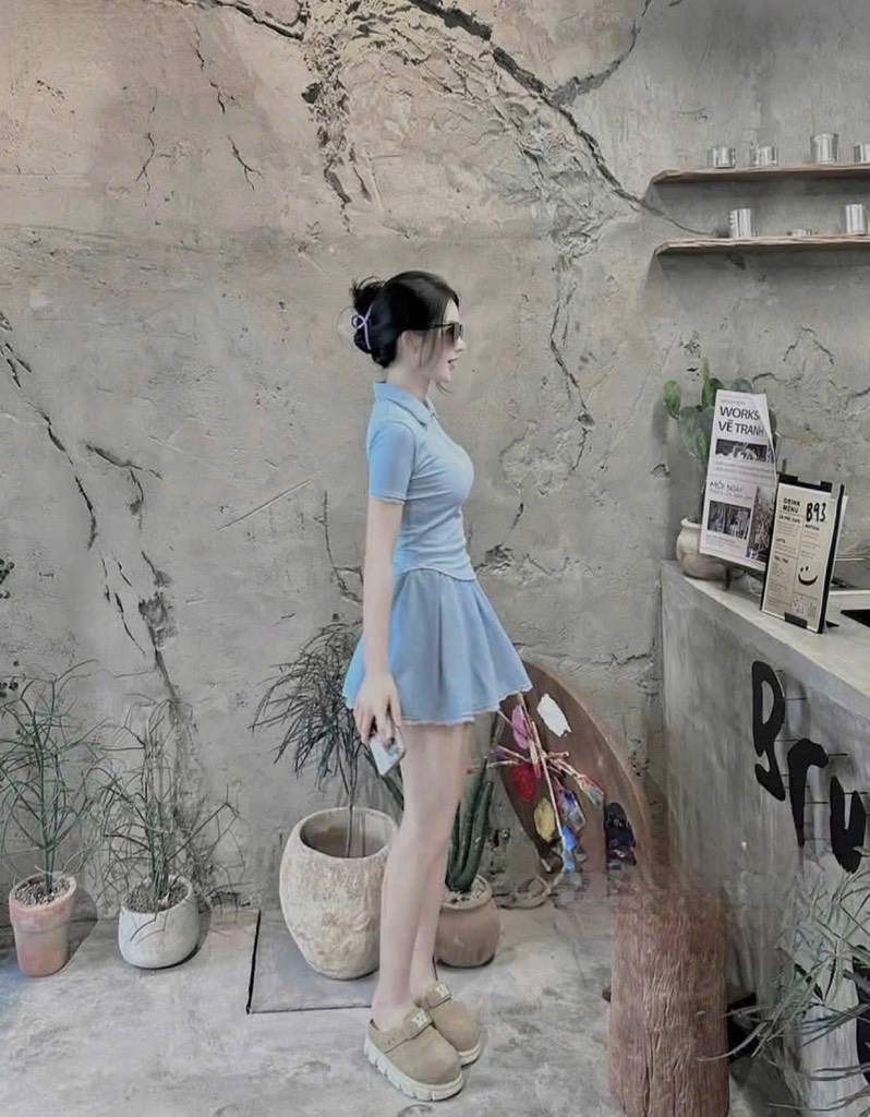 SET ÁO POLO CỔ SEN PHỐI REN XANH NỮ