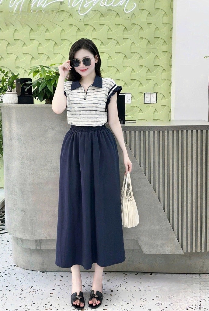 SET ÁO KẺ PHỐI TAT VIỀN MIX CHÂN VÁY NỮ