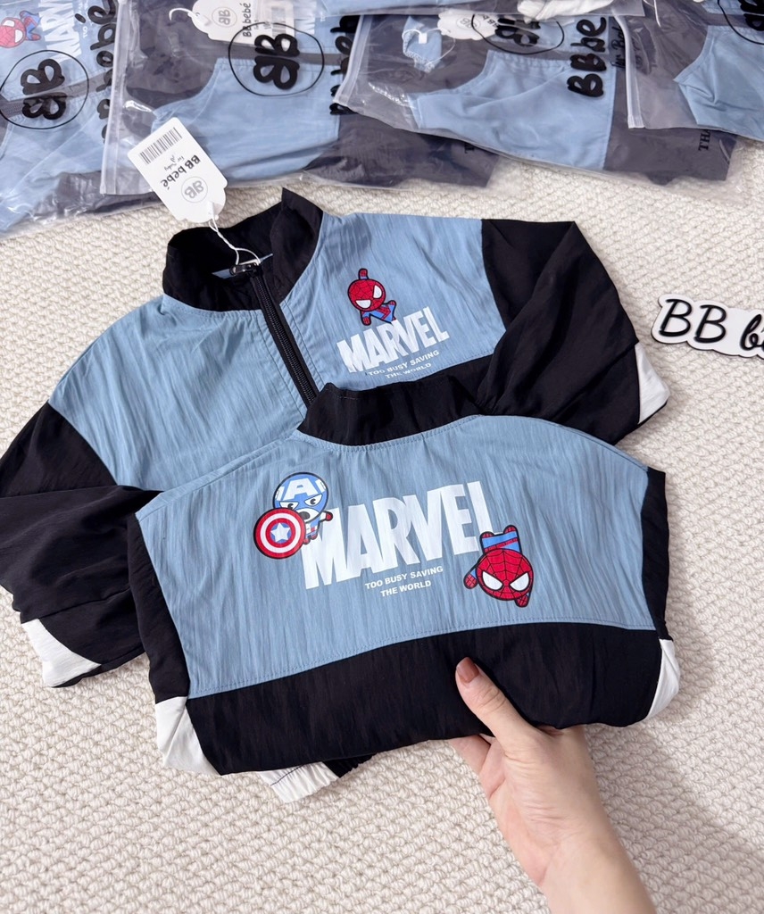 ÁO GIÓ DÀI TAY NHỆN MARVEL XANH ĐEN BÉ TRAI