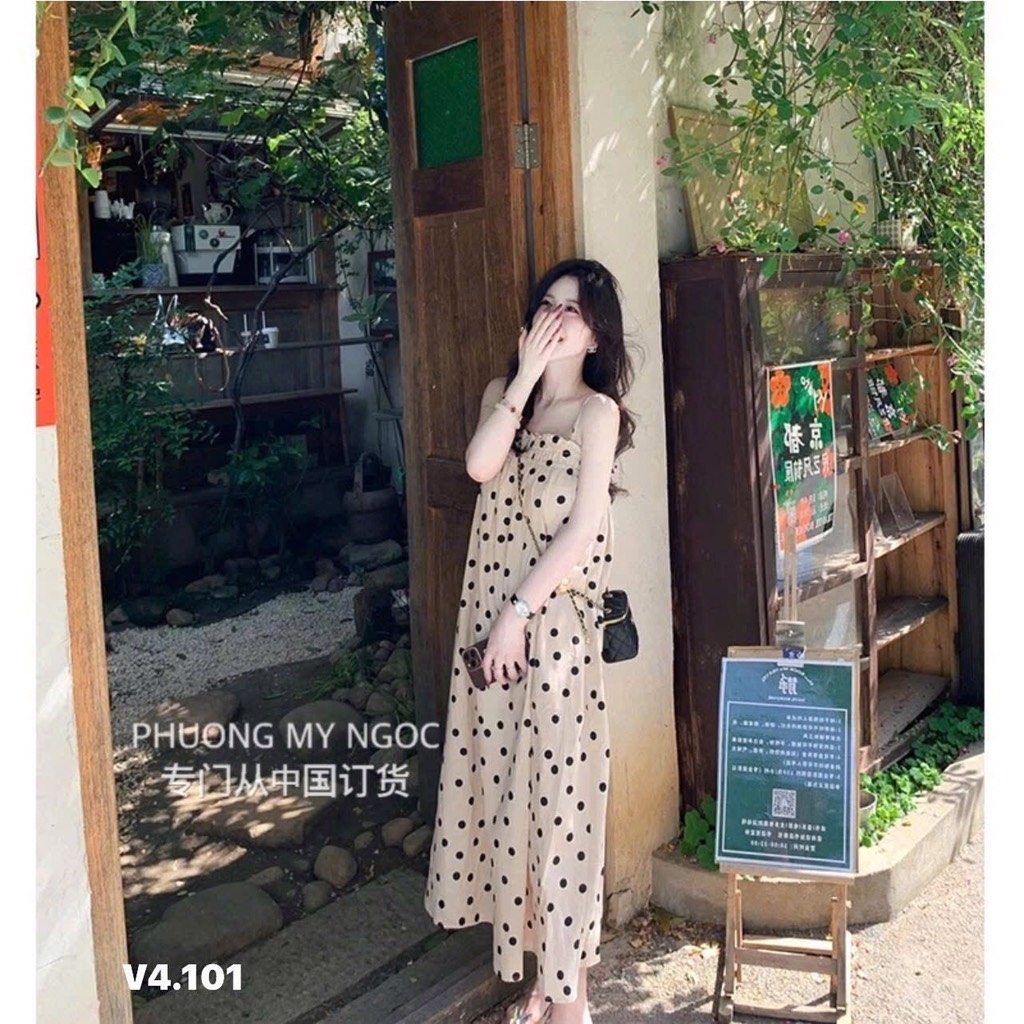 VÁY MAXI HAI DÂY CHẤM BI NỮ SẴN( xả 79k)