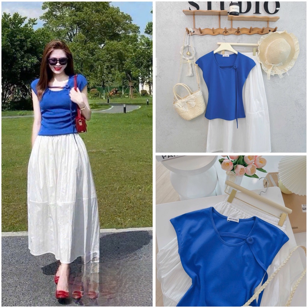 SET ÁO XANH HOA TẾT MIX CV HAI LỚP NỮ