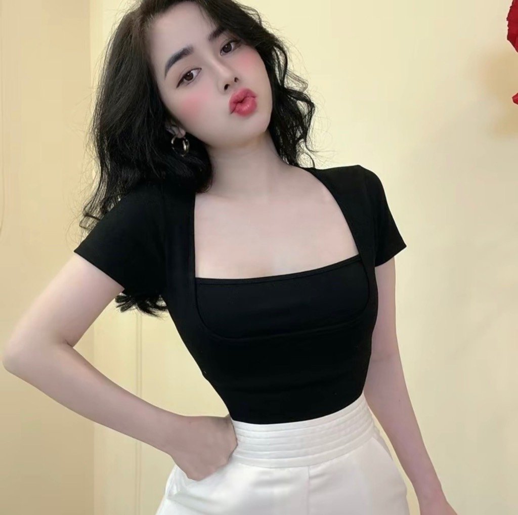 SET 3 ÁO CỘC CỔ VUÔNG ĐEN TRẮNG HỒNG(xả 89k)