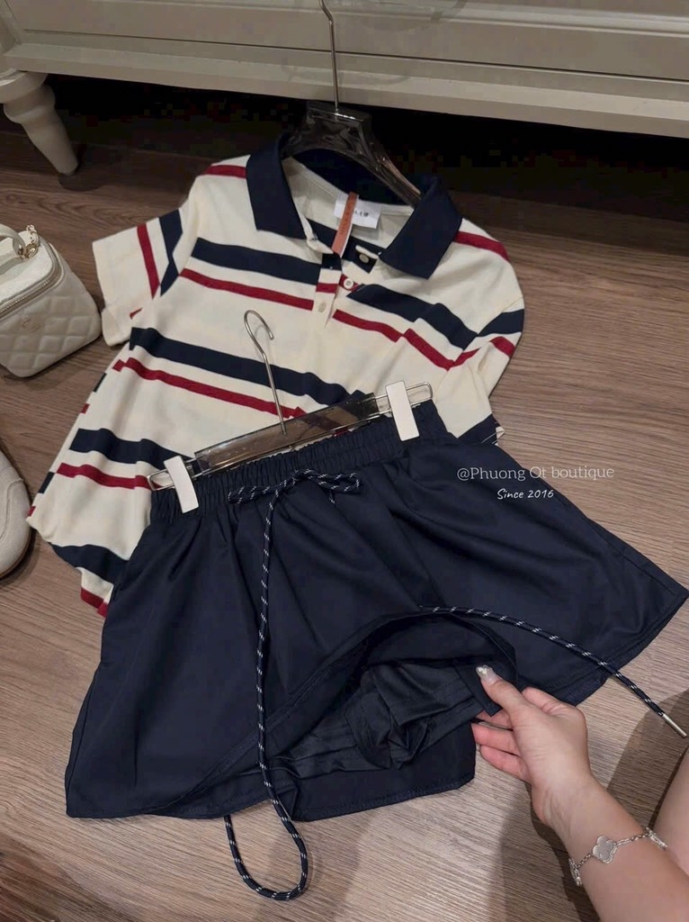 SET BỘ POLO KẺ CÚC PHỐI CV THAN NỮ