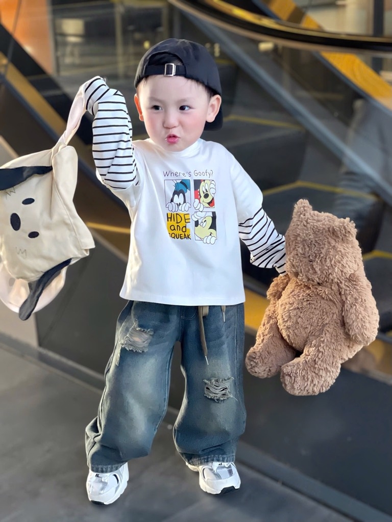 SET 2 ÁO DÀI PHỐI TAY KẺ MICKEY WHERE'S GOOFY TRẮNG THAN BÉ TRAI