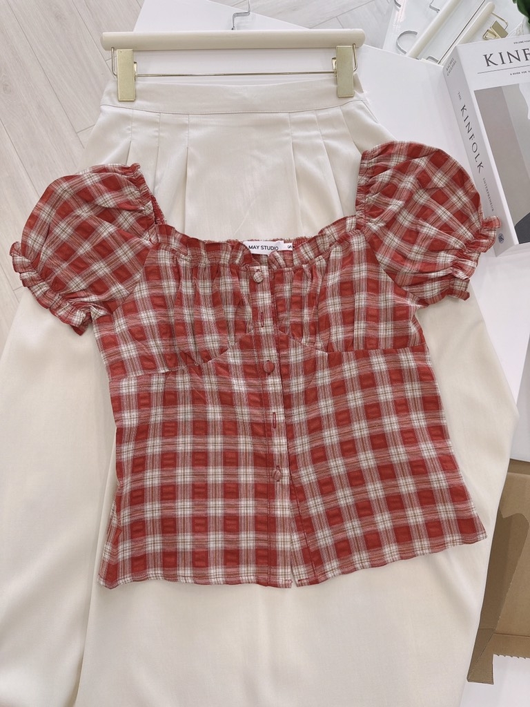 SET ÁO CARO ĐỎ TAY BỒNG CHÂN VÁY KEM LY DÀI NỮ SẴN (SALE 129k)