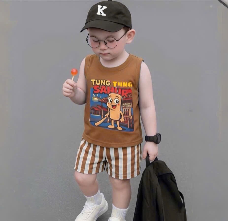 SET BA LỖ TUNGTUNG SAHUR QUẦN SỌC NÂU TÂY CHO BÉ TRAI (xả 45k)