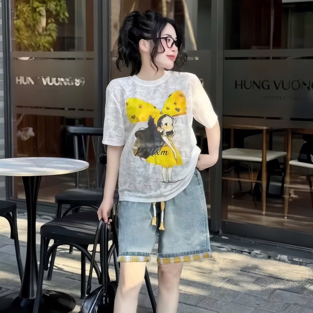 SET BỘ ÁO HOẠ TIẾT CÔ GÁI KÈM QUẦN JEAN PHỐI KẺ CARO NỮ(XẢ99k)