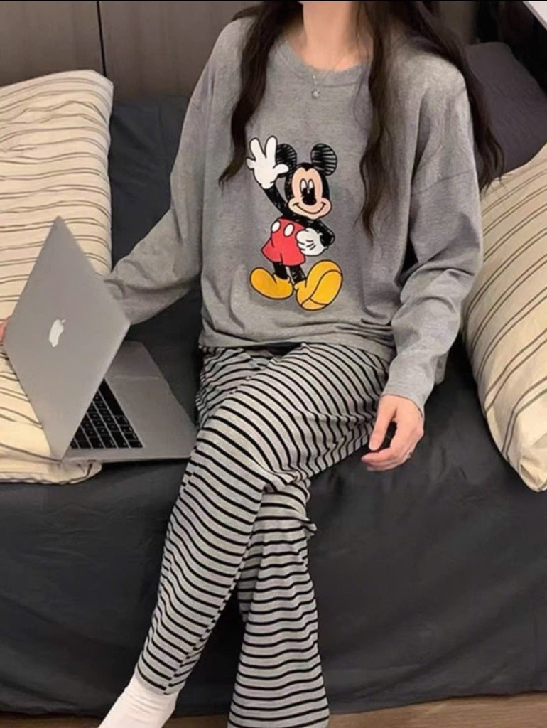 BỘ DÀI MICKEY XÁM QUẦN KẺ NỮ THU ĐÔNG SẴN