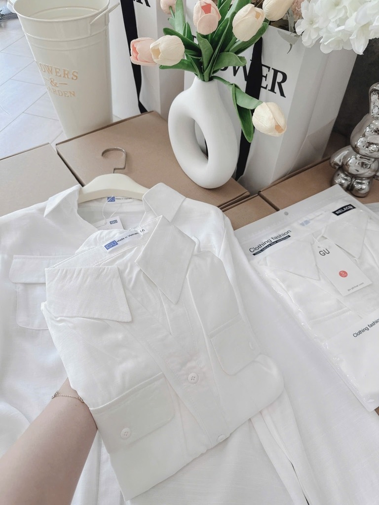 ÁO SƠ MI GU 2 TÚI NẮP TAY DÀI NỮ