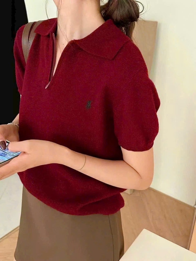 ÁO LEN CỔ POLO THÊU NGỰA MÀU ĐỎ ĐÔ NỮ SẴN