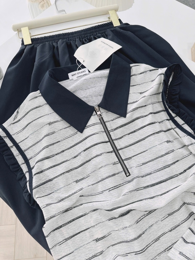 SET ÁO KẺ PHỐI TAT VIỀN MIX CHÂN VÁY NỮ