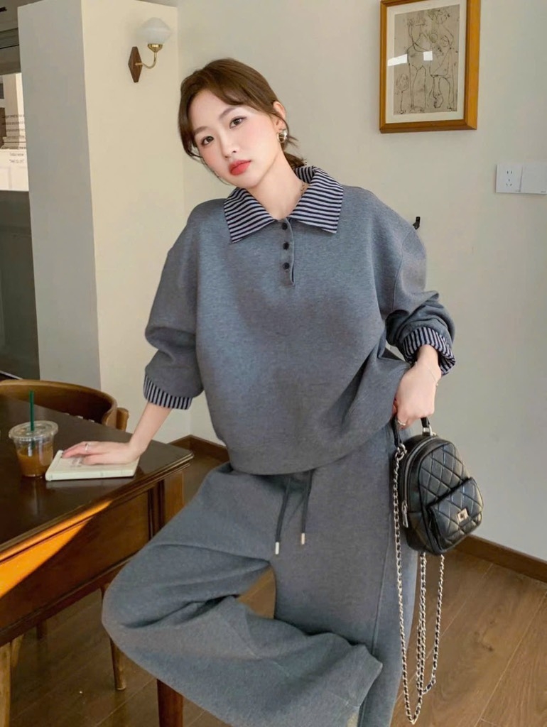 SÉT BỘ NỈ XÁM PHỐI BO CỔ BE NEW NỮ THU ĐÔNG SẴN