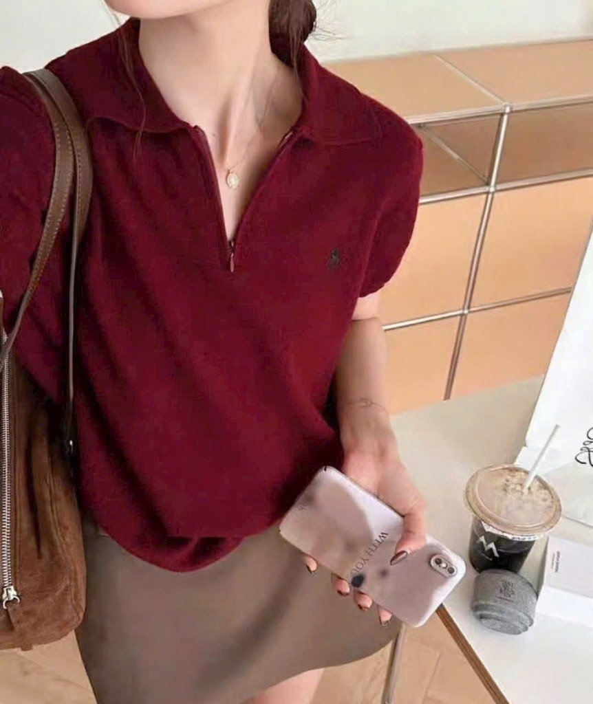 ÁO LEN CỔ POLO THÊU NGỰA MÀU ĐỎ ĐÔ NỮ SẴN