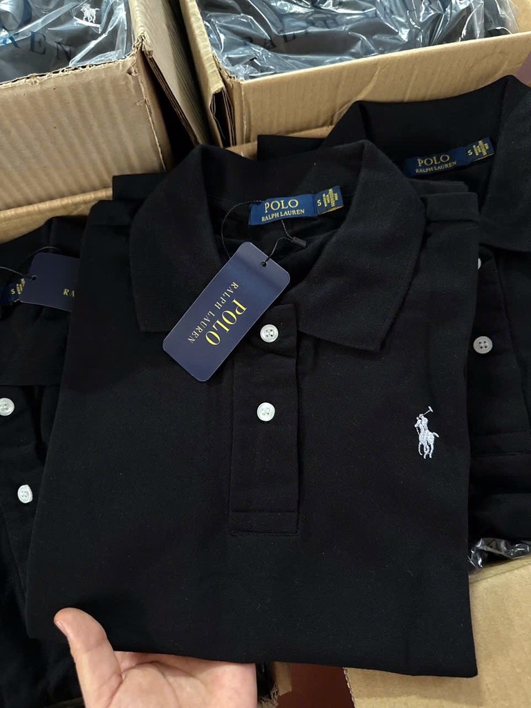 ÁO POLO ĐEN CỘC TAY THÊU NGỰA NỮ