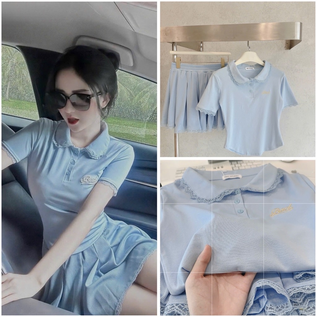 SET ÁO POLO CỔ SEN PHỐI REN XANH NỮ