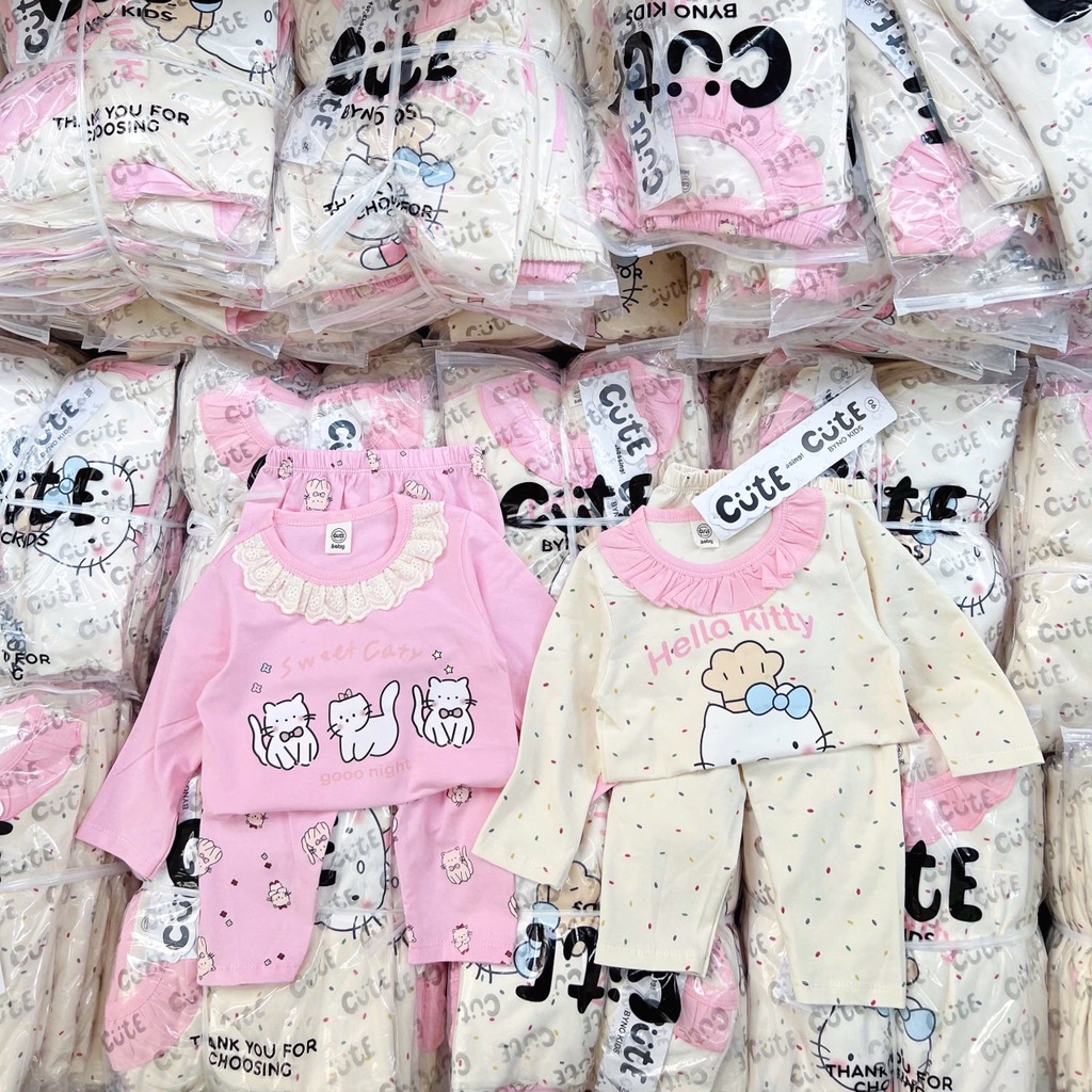 SÉT 2 BỘ COTTON DÀI TAY MÈO KITTY BE HỒNG CHO BÉ GÁI