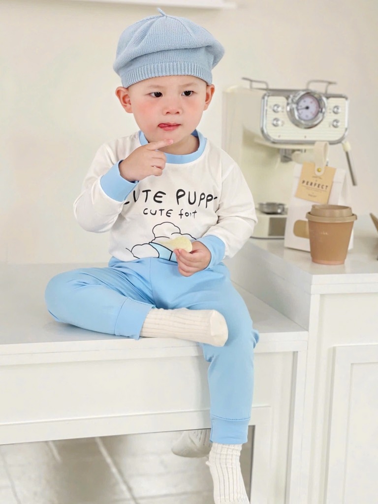SET 3 BỘ DÀI TAY CUTE PUPPY TONE XANH TRỜI CHO BÉ TRAI