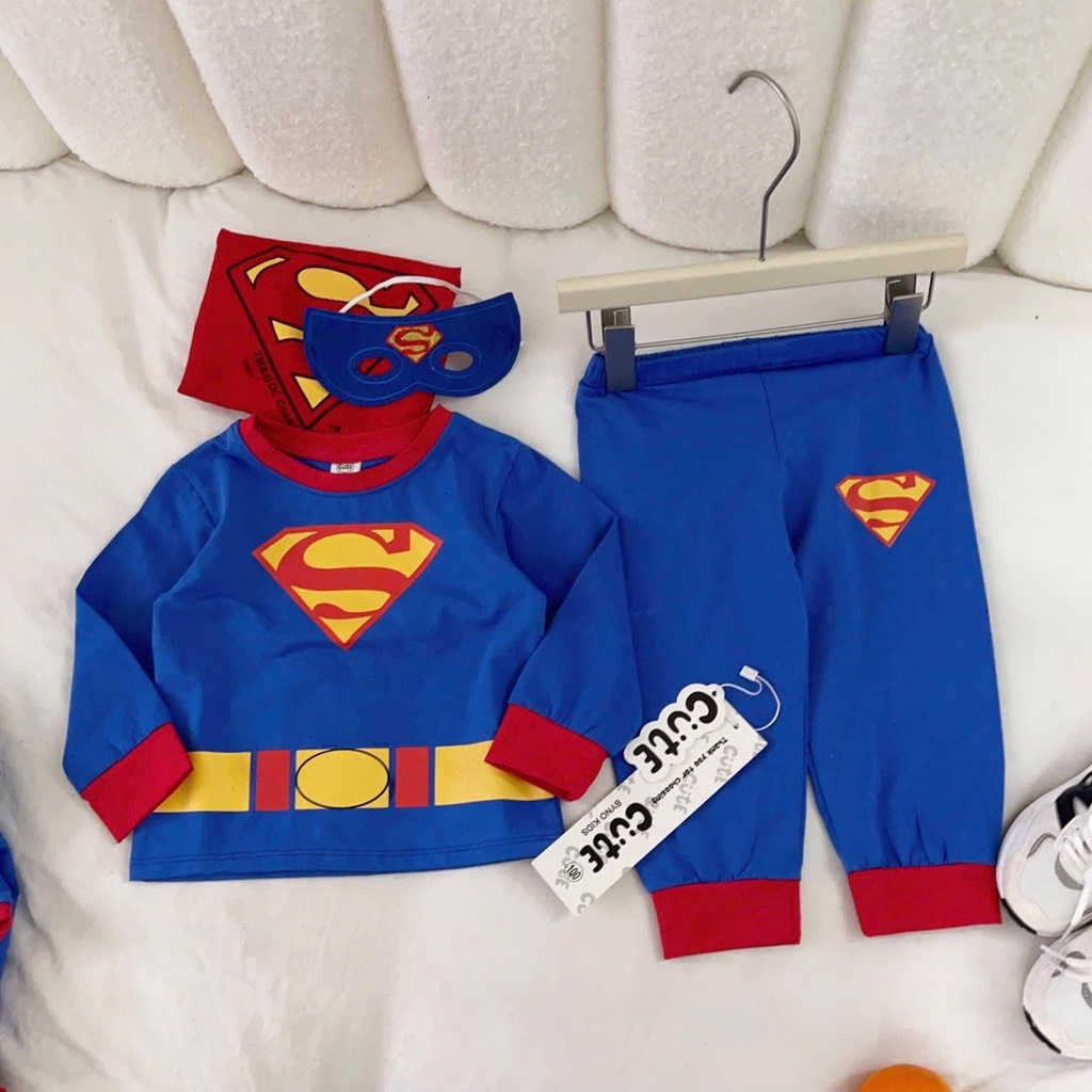 SET BỘ DÀI COTTON SUPER MAN XANH KÈM MẶT NẠ ÁO CHOÀNG BÉ TRAI