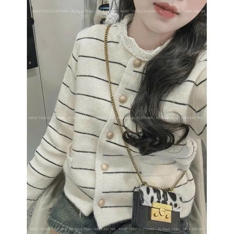 ÁO LEN KẺ CARDIGAN CÚC DÀI TAY NỮ THU ĐÔNG